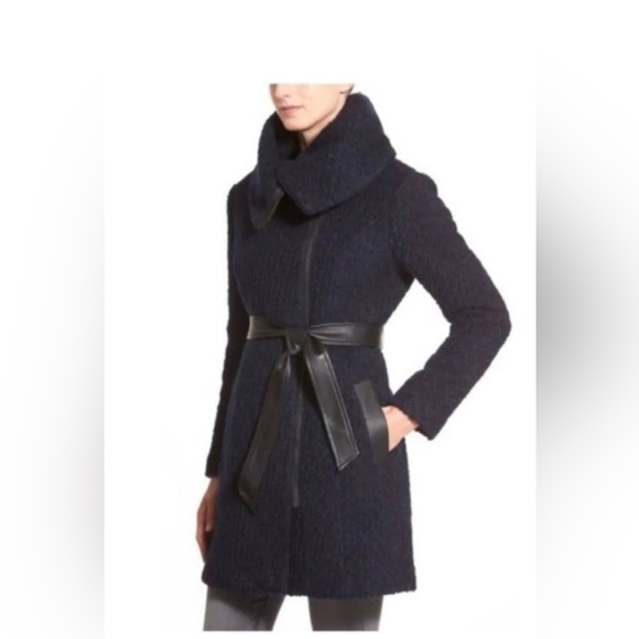 Cole Haan Signature Wool Blend Boucle Oversized Collar Blue Navy Pea Coat - Picture 6 of 7